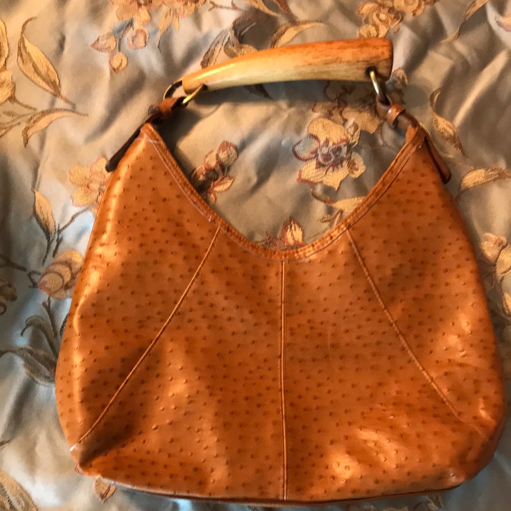 Bueno ostrich leather purse with wooden handle